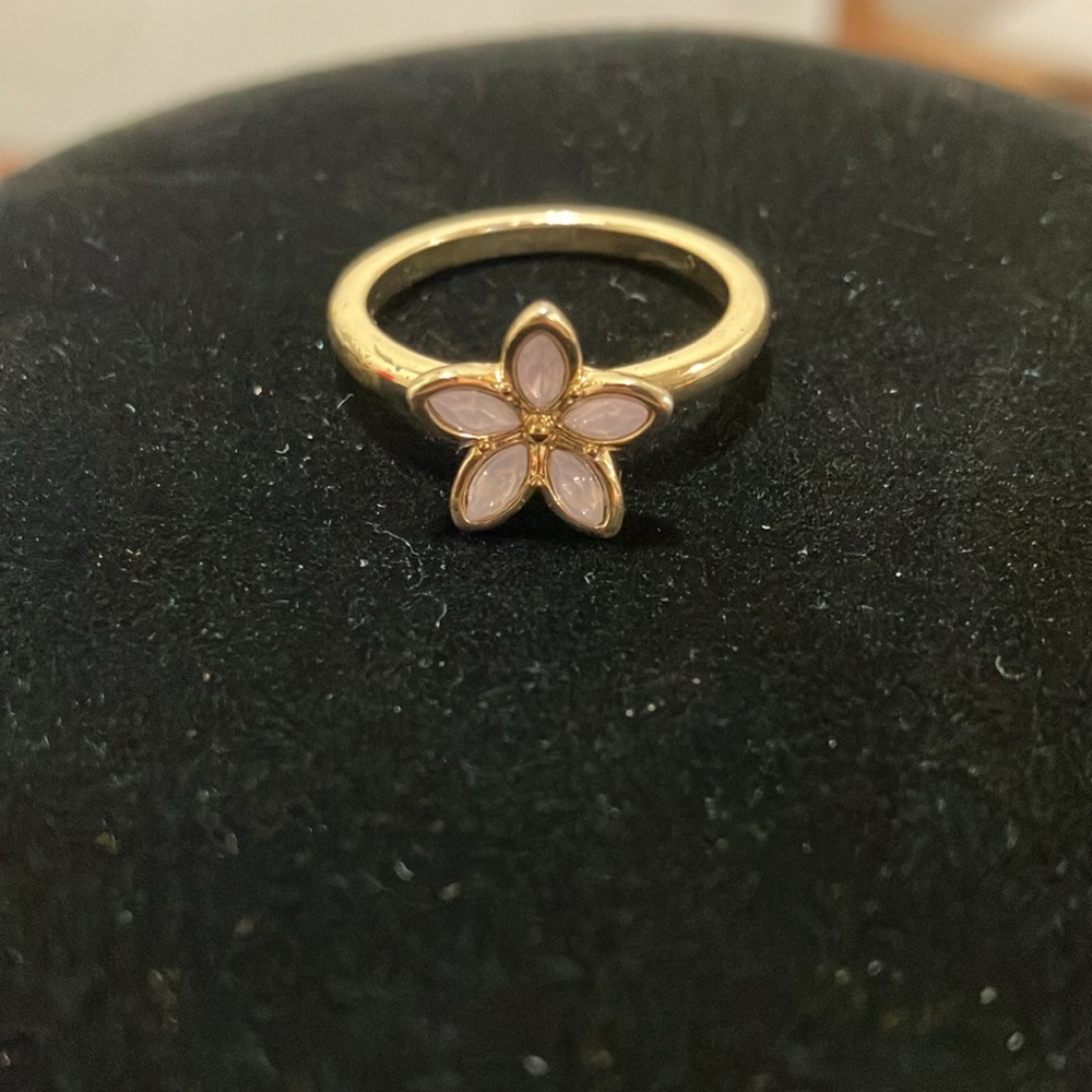 Gold Tone and Pink‎ Opalescent Gem Plumeria Thin Ring